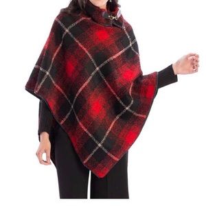 Plaid design poncho with buckle accent